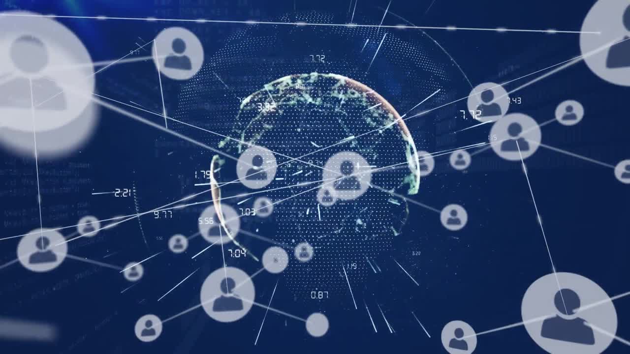 Animation of network of profile icons against light trails over spinning globe and data processing