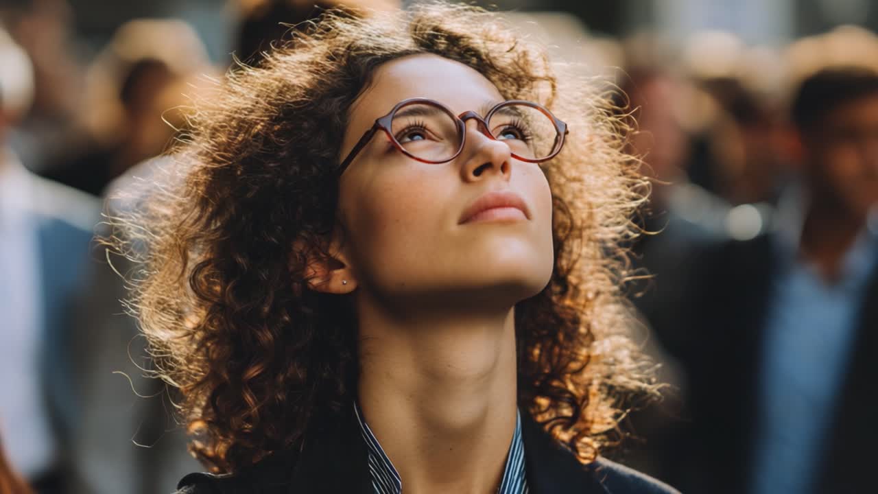 A Young Woman with Curly Hair and Glasses Gazing Upward Amid a Crowded Scene, Capturing a Moment of Reflection and Tranquility in a Bustling Environment