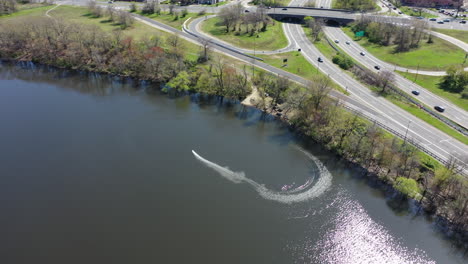 an aerial view of a lake during the day