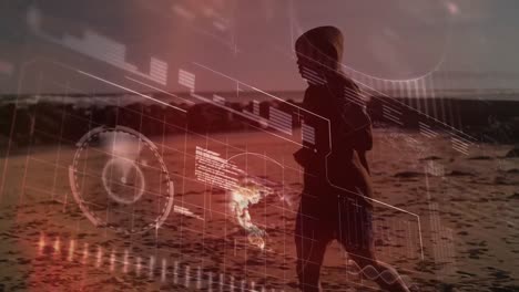 animación del procesamiento de datos sobre un hombre en forma corriendo en la playa