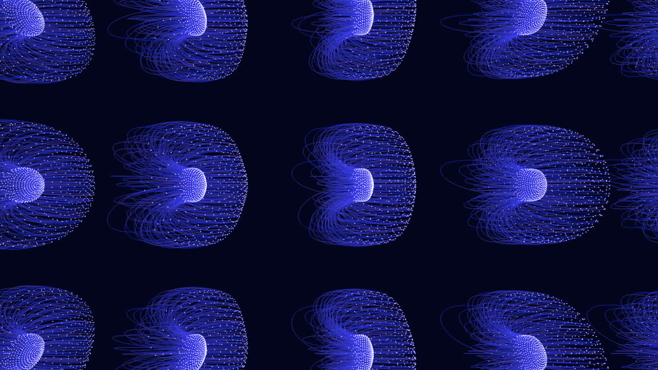 Circular arrangement of lines formed by smaller circles connected to larger circles, blending blue and black hues with purple lines. Symmetry and connectivity stand out in the abstract design