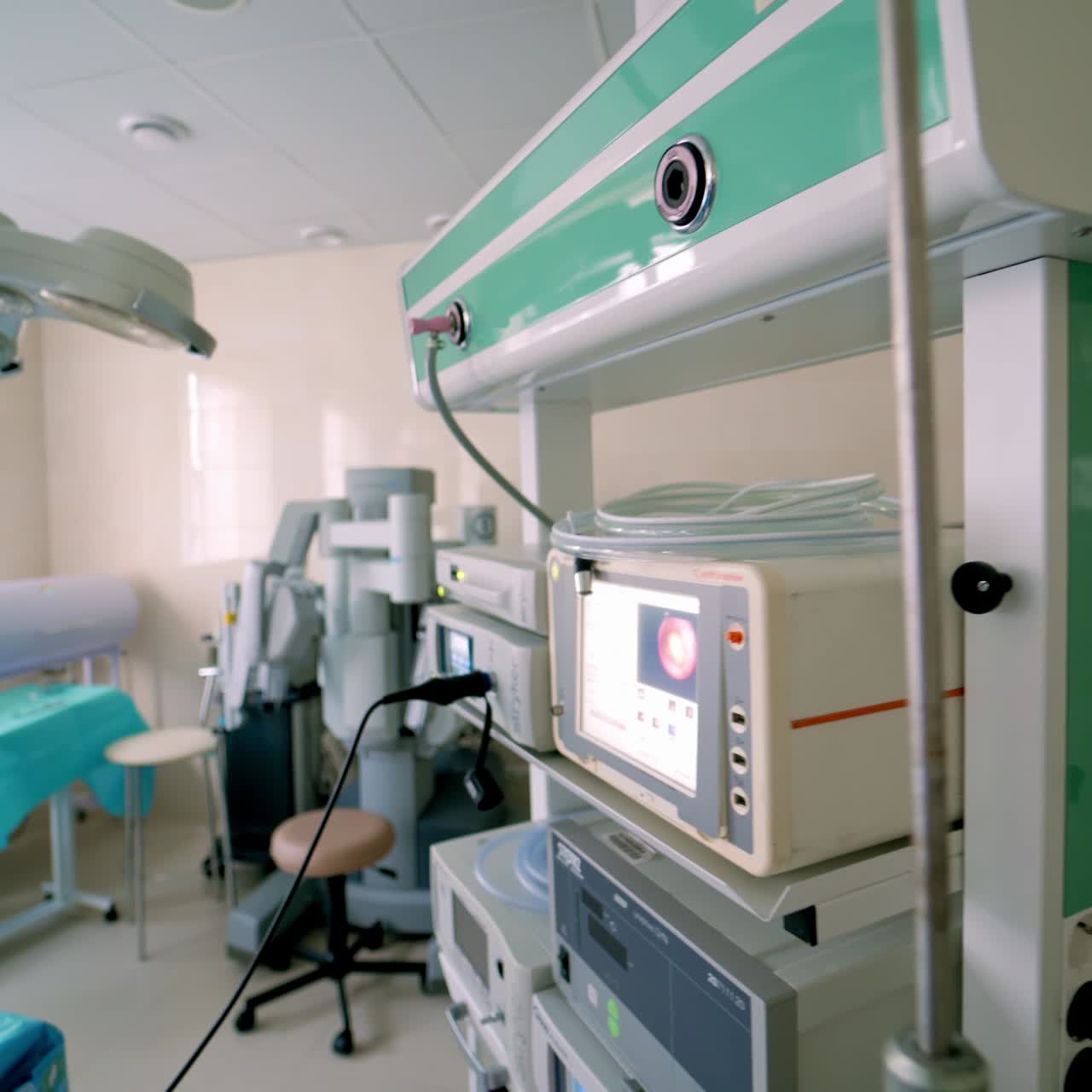 Modern equipment in operating room. Interior of operating room in modern clinic