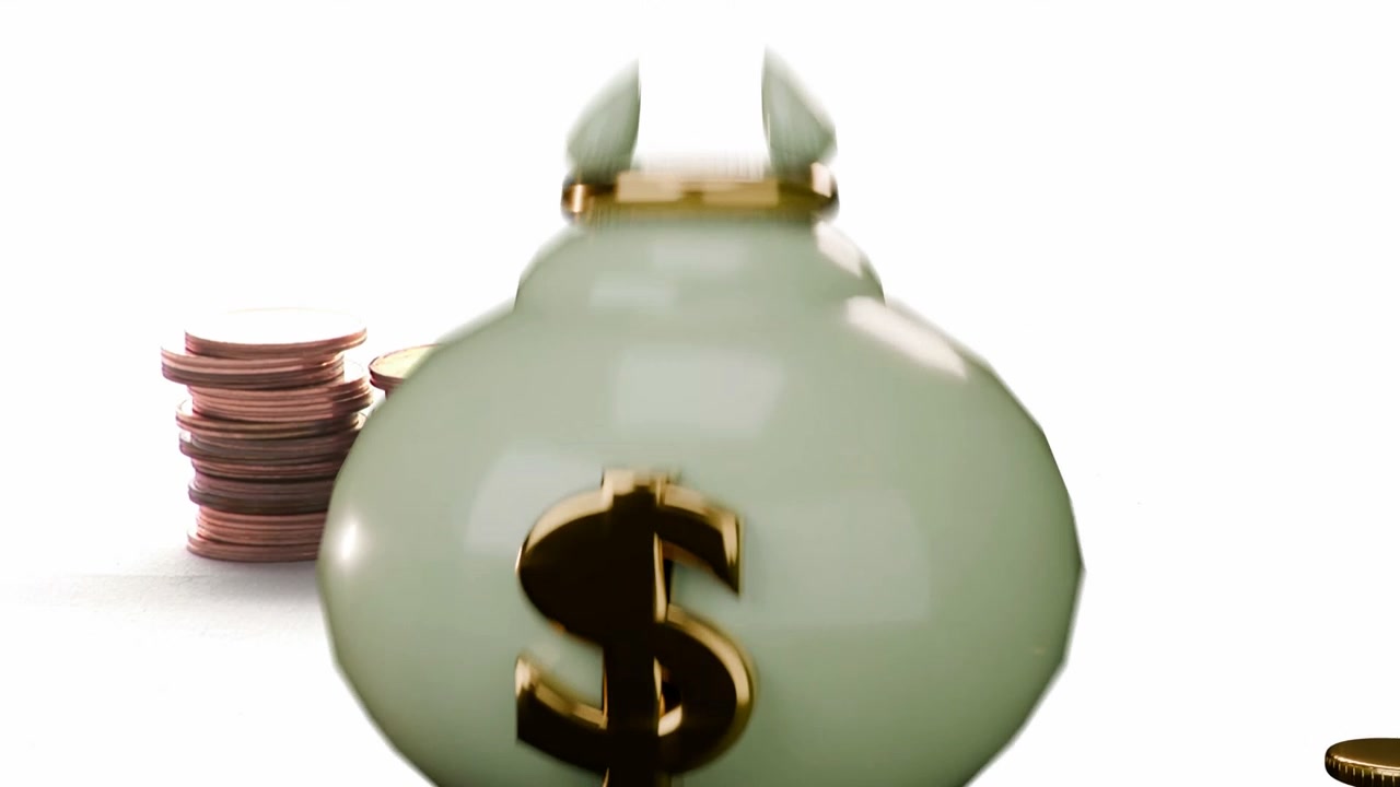 Una busta verde che appare, poi si ingrandisce e si centra, rivelando pile di monete e evidenziando il simbolo del dollaro d'oro.