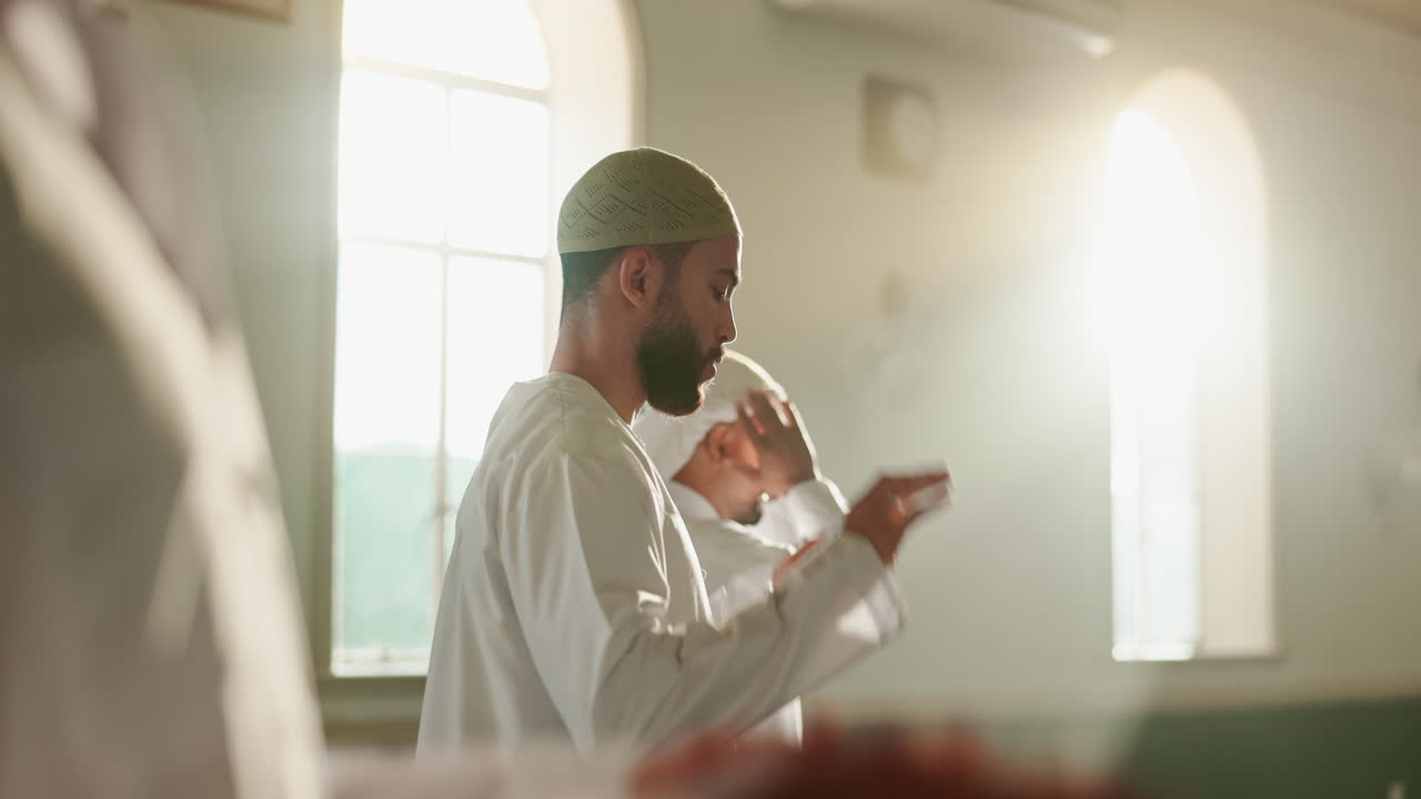 Muslim men praying in a mosque