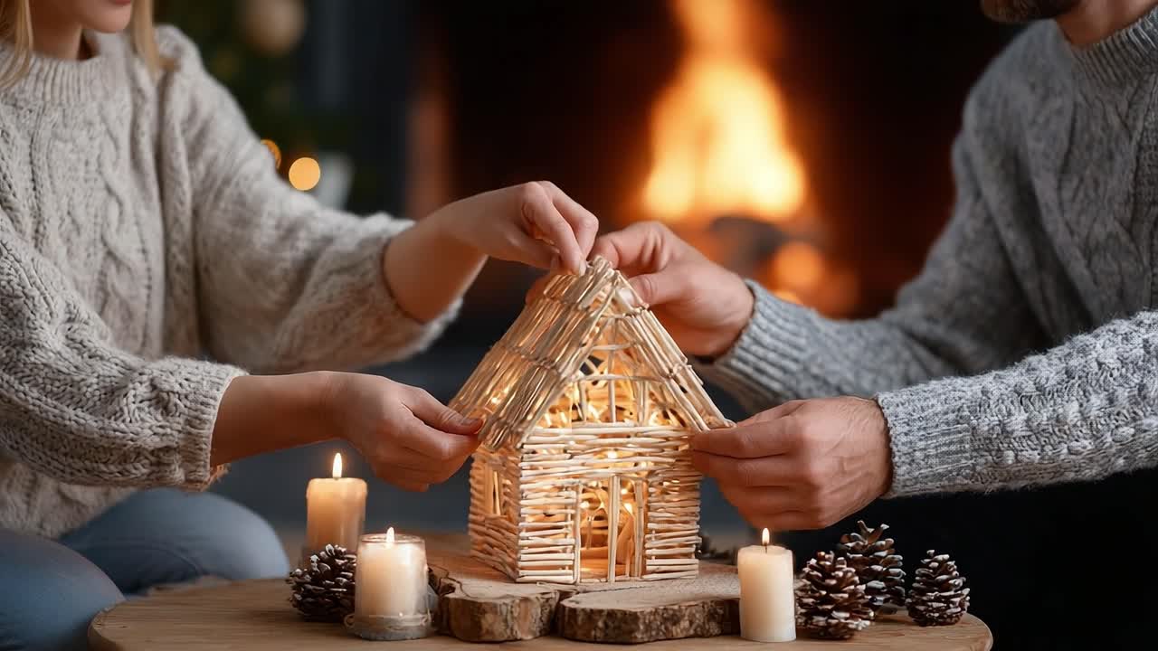 Crafting Together: A Cozy Scene of Two Individuals Building a Handmade Candlelit House with Natural Materials Surrounded by a Warm Fire and Decorative Elements