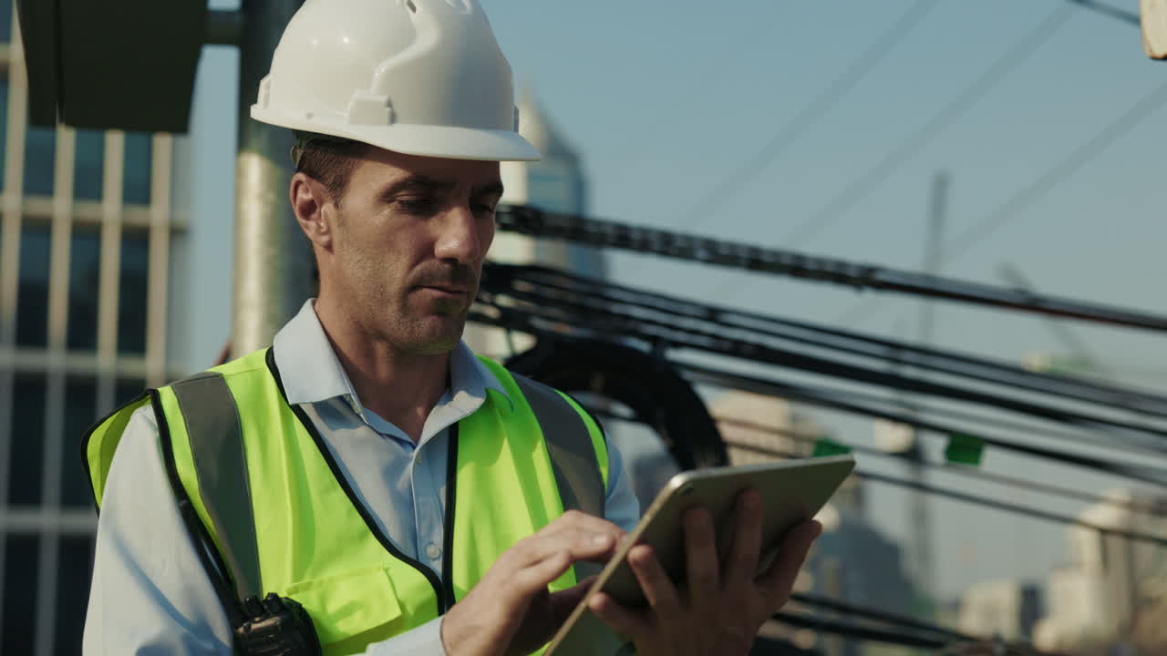 trabajador de la construcción usando una tableta en el sitio de construcción