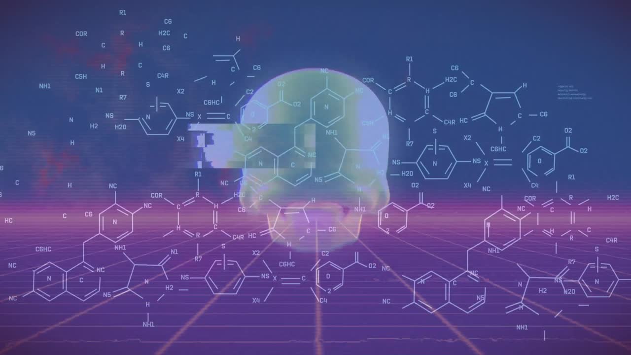 animación de cráneo humano y procesamiento de datos científicos sobre fondo púrpura