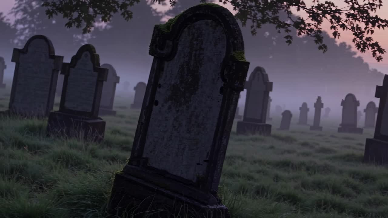 Scena inquietante di un cimitero con nebbia, ripresa da un'angolazione bassa. Lo stile del video esalta l'atmosfera misteriosa