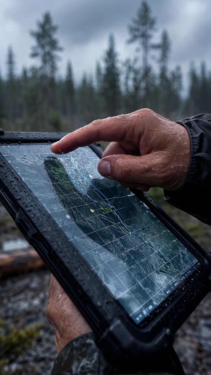 Una vista ravvicinata mostra dita che toccano e scorrono sullo schermo di una mappa cosparso d'acqua, mentre un dispositivo robusto è tenuto in un bosco umido, con indicazioni di percorso e alberi scuri sullo sfondo