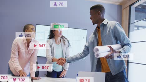 animation of changing numbers and icon in notification bars, diverse coworkers shaking hands