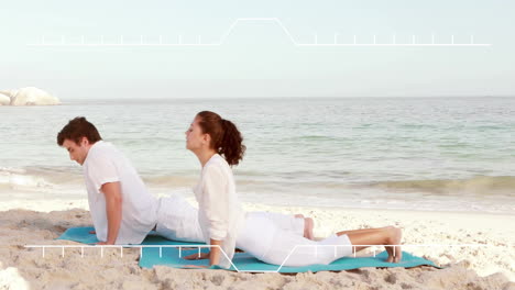 practicing yoga on beach, couple stretching over animation of camera viewfinder