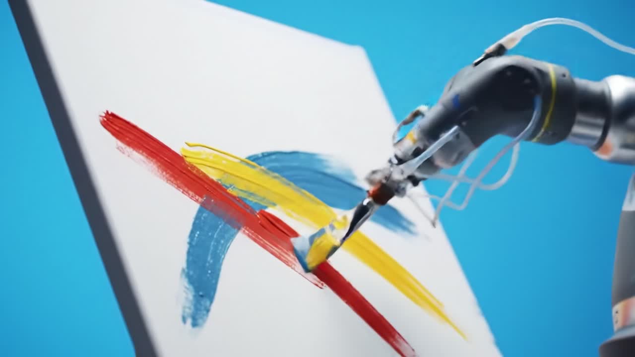 A robotic arm skillfully applies colorful paint strokes on a canvas. The arm blends red, blue, and yellow, showcasing advanced technology in artistic creation.