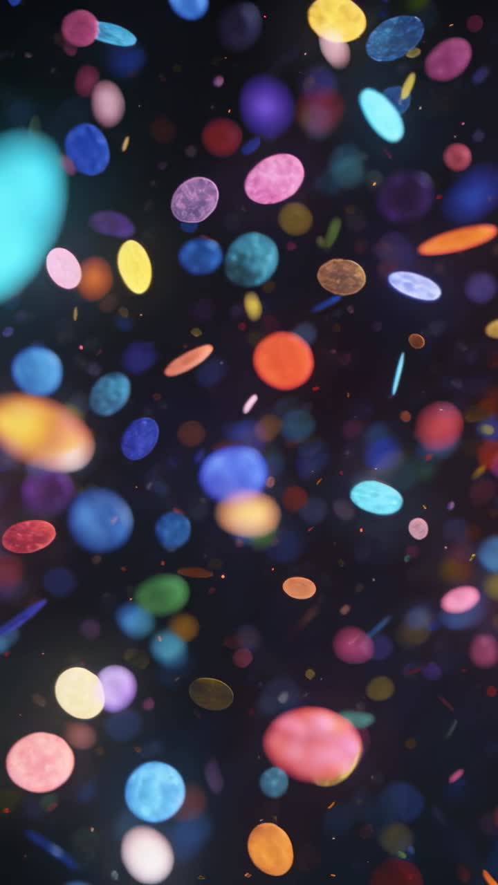 Video verticale: dischi di coriandoli vivaci che fluttuano mossi da una leggera brezza in studio, per un effetto bokeh.