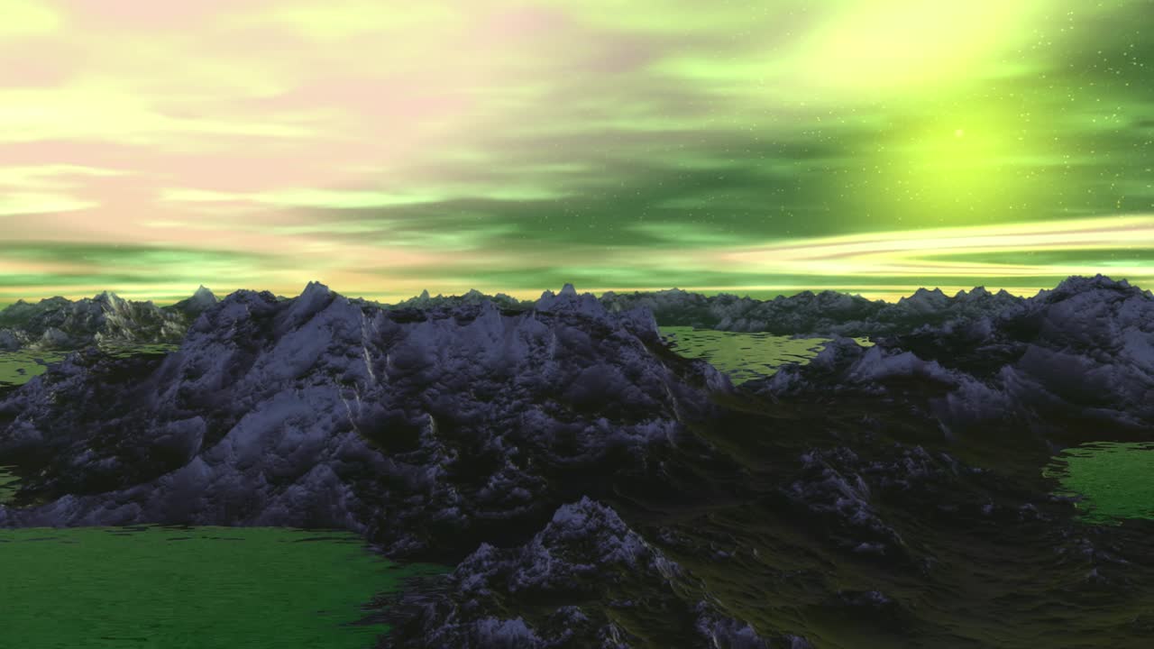 planeta alienígena. montaña y agua. animación. panorama. 4k