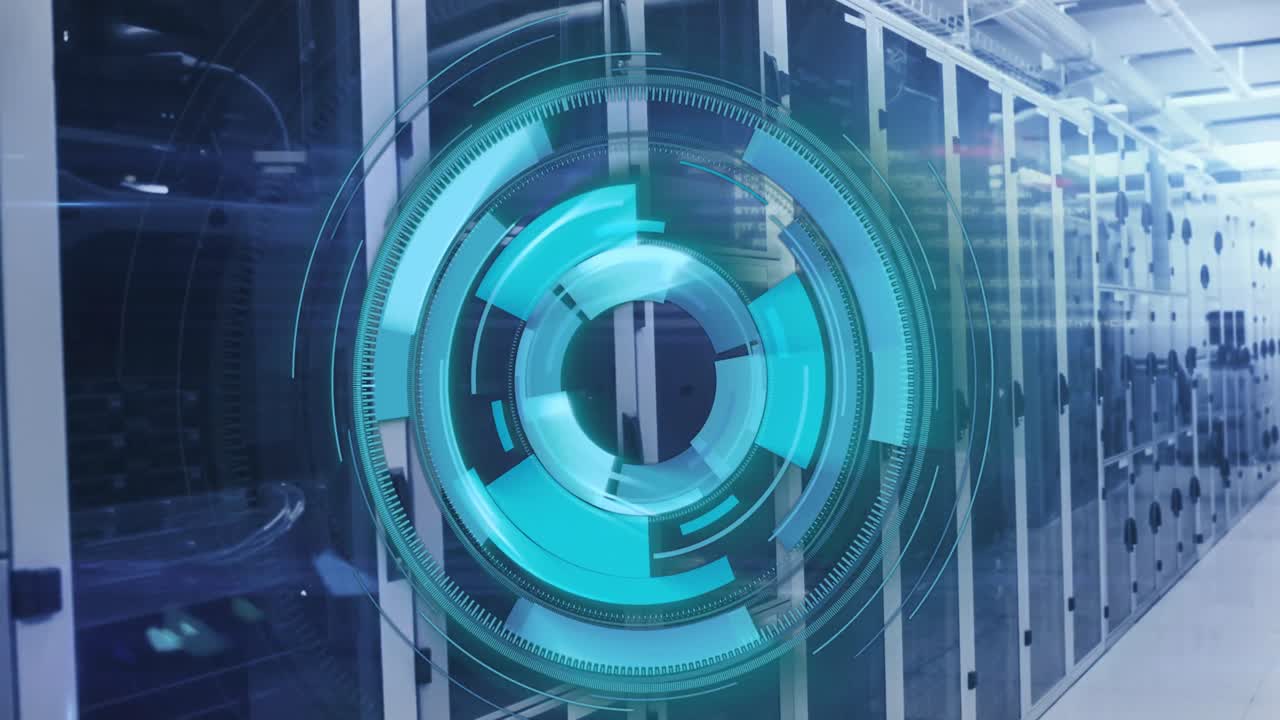 Animation of loading circles and computer language over lens flares against server room