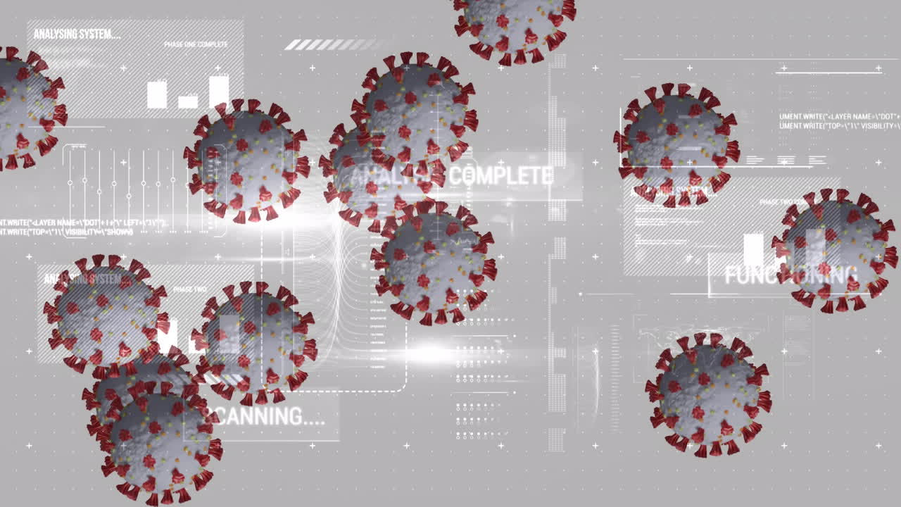 animación de las células de covid 19 sobre estadísticas y procesamiento de datos