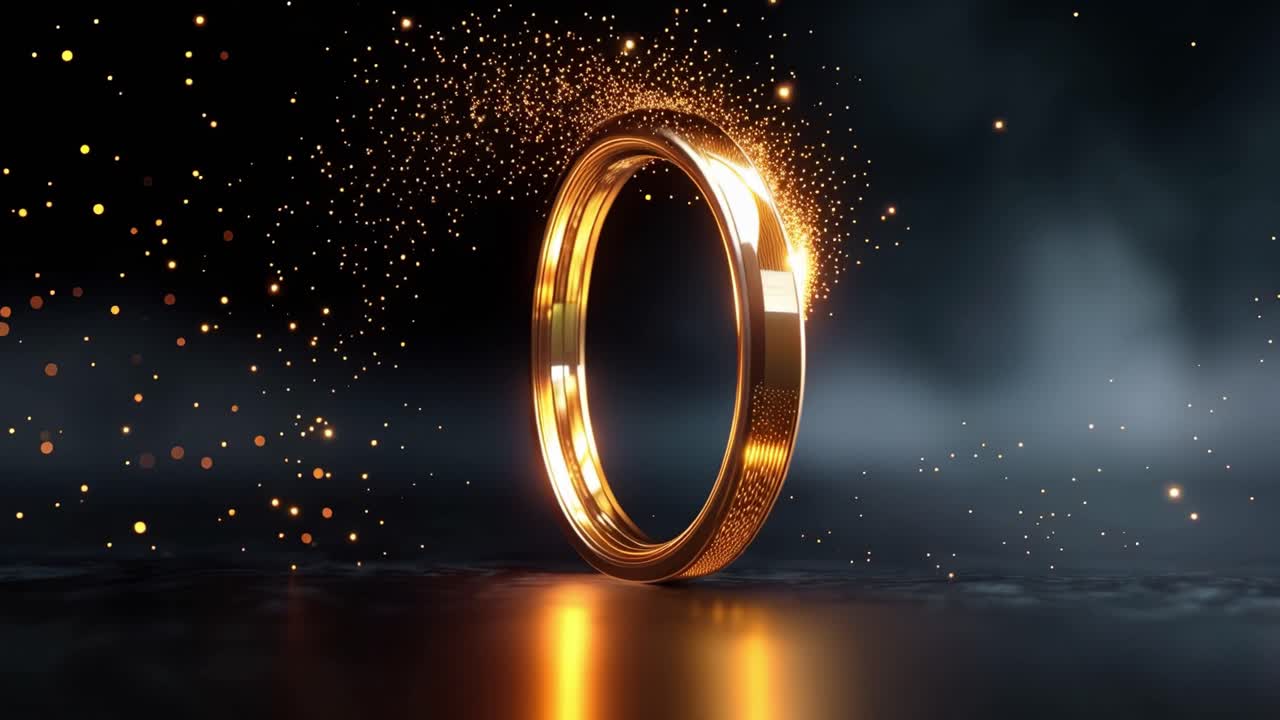 Anello d'oro brilla di energia su sfondo scuro. Particelle vorticano intorno ad esso, creando un movimento magico. La luce si riflette sulla sua superficie, aggiungendo profondità. Ideale per fantasy e lusso.