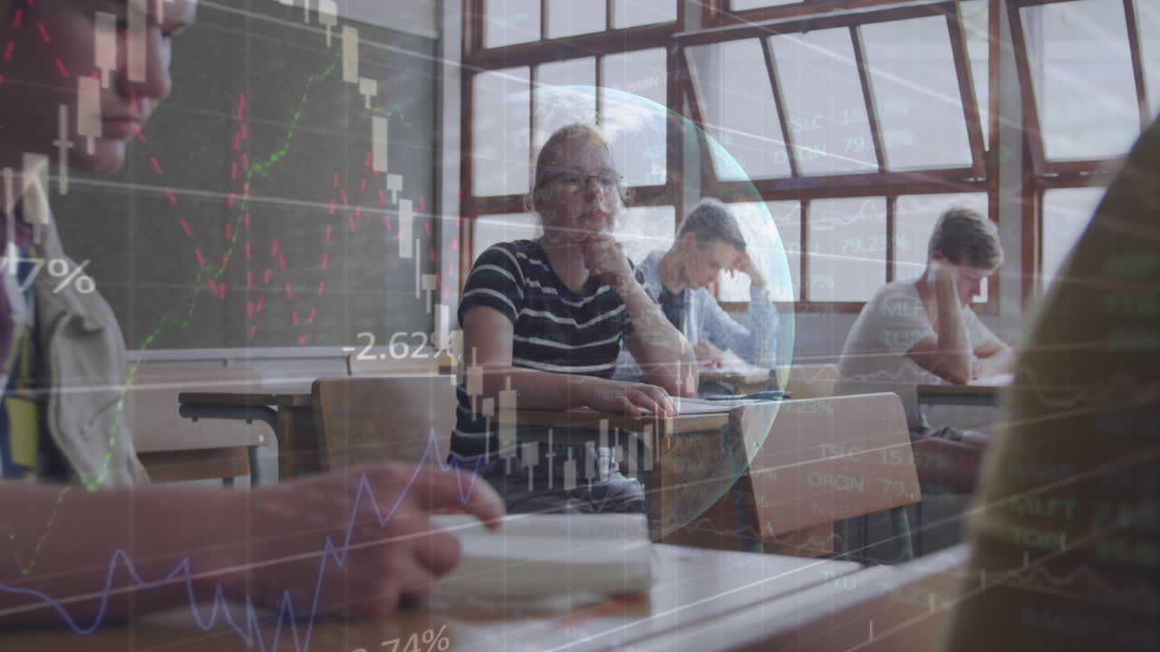 animación del procesamiento de datos financieros y el mundo sobre diversos escolares en la clase