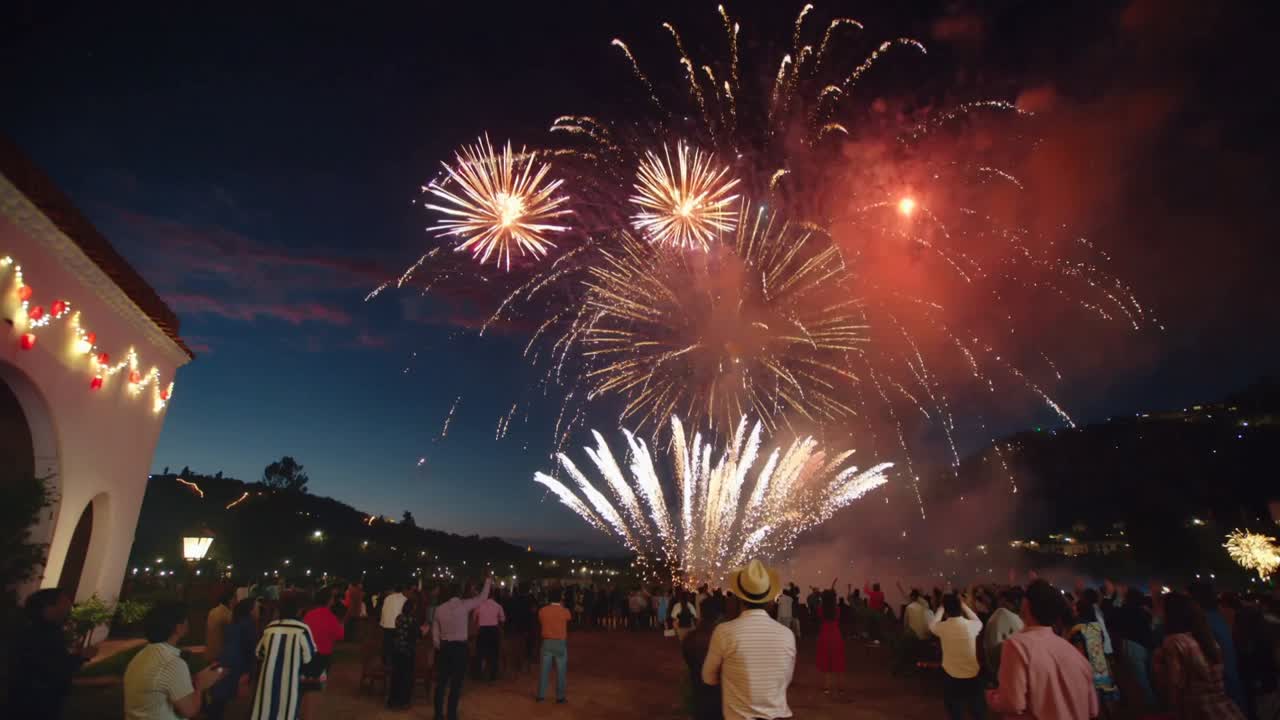 Bursting fireworks causing spectators wearing straw hats raising smartphones on riverside terrace
