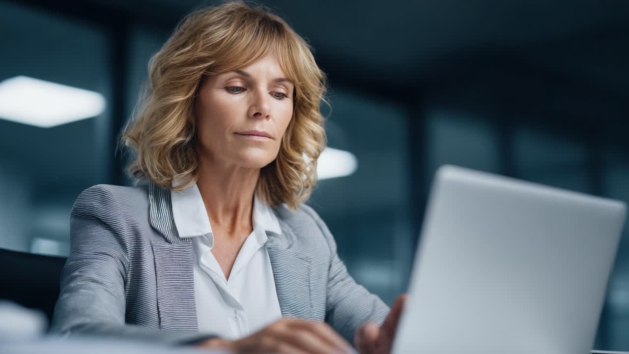 En professionel kvinde koncentrerer sig om sit arbejde ved et kontorbord, fordybet i sin laptop og viser en engageret holdning til sine opgaver