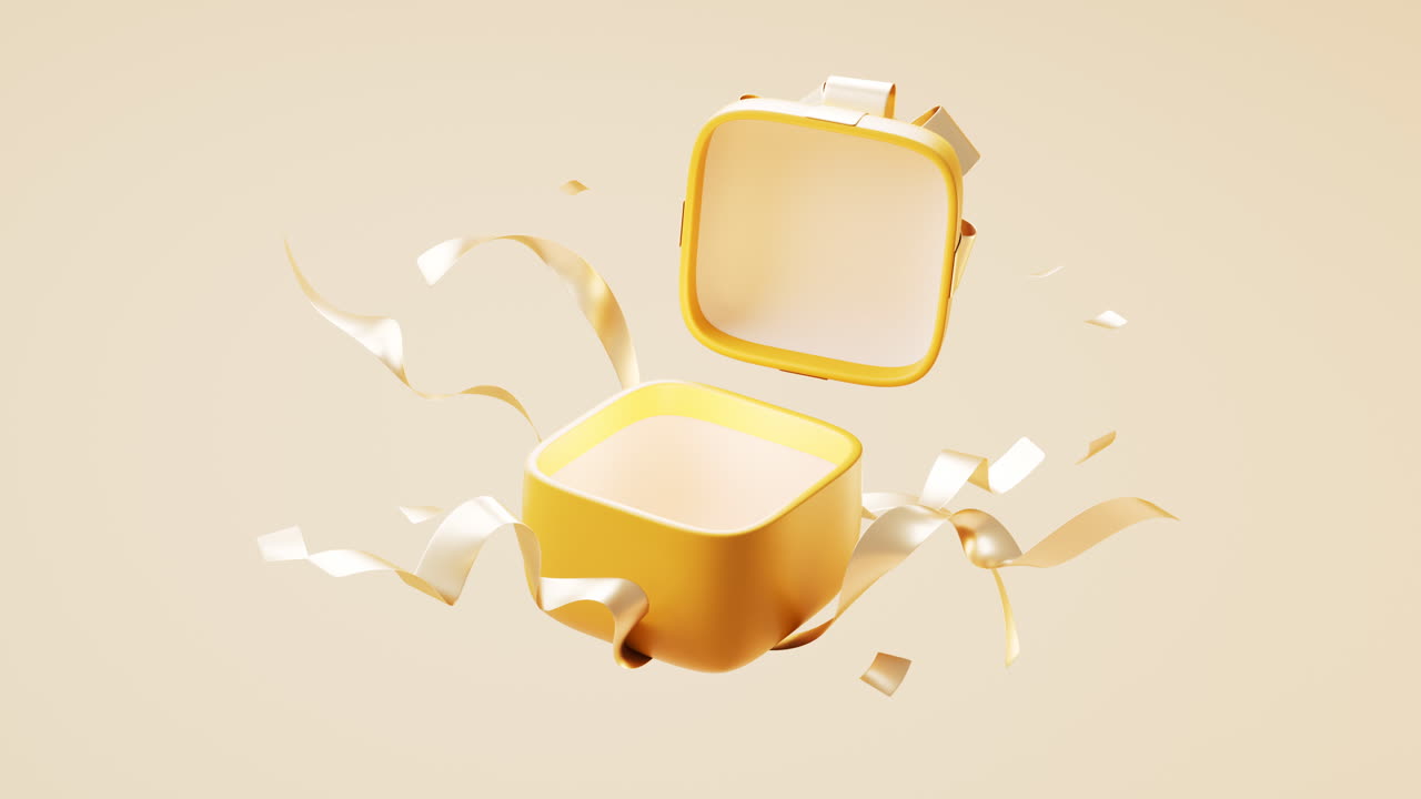 открытие подарочной коробки в стиле мультфильма, 3d-рендеринг.