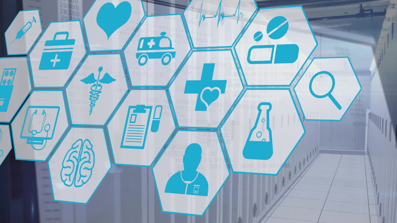 의료 아이콘의 애니메이션 및 컴퓨터 서버를 통해 데이터 처리