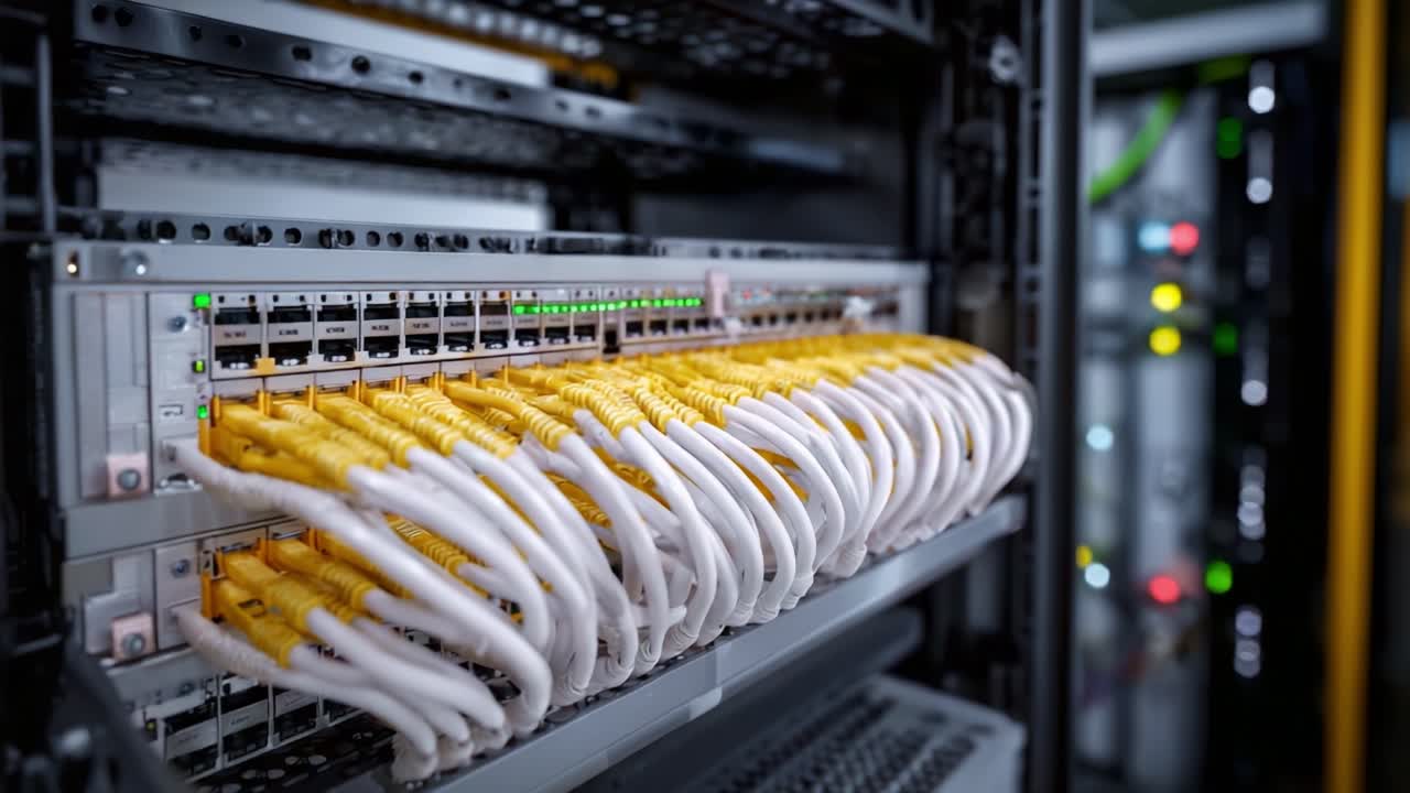 Detailed Close-Up of High-Tech Network Switch with Fiber Optic Cables Showing Connection Points and Illuminated Indicators in a Server Room Environment