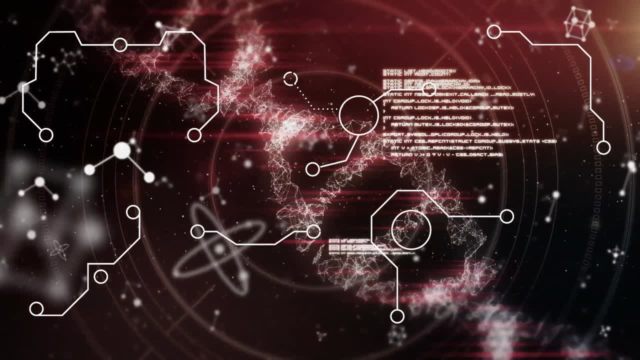 데이터베이스, 뉴클레오티드, dna 헬릭스, 렌즈 플레어, 흑색 배경의 원형 애니메이션