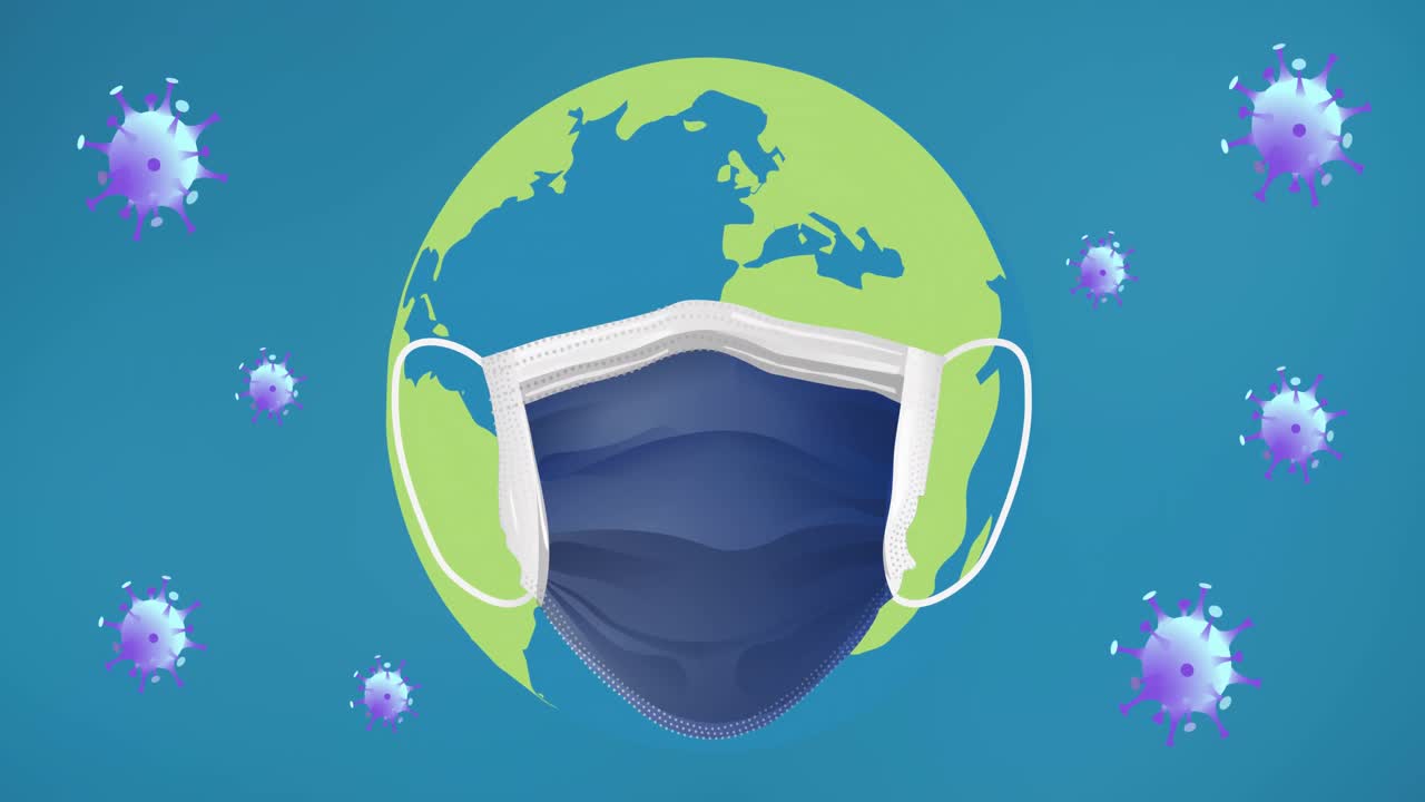 Animation d'un masque facial sur la Terre au-dessus de cellules virales