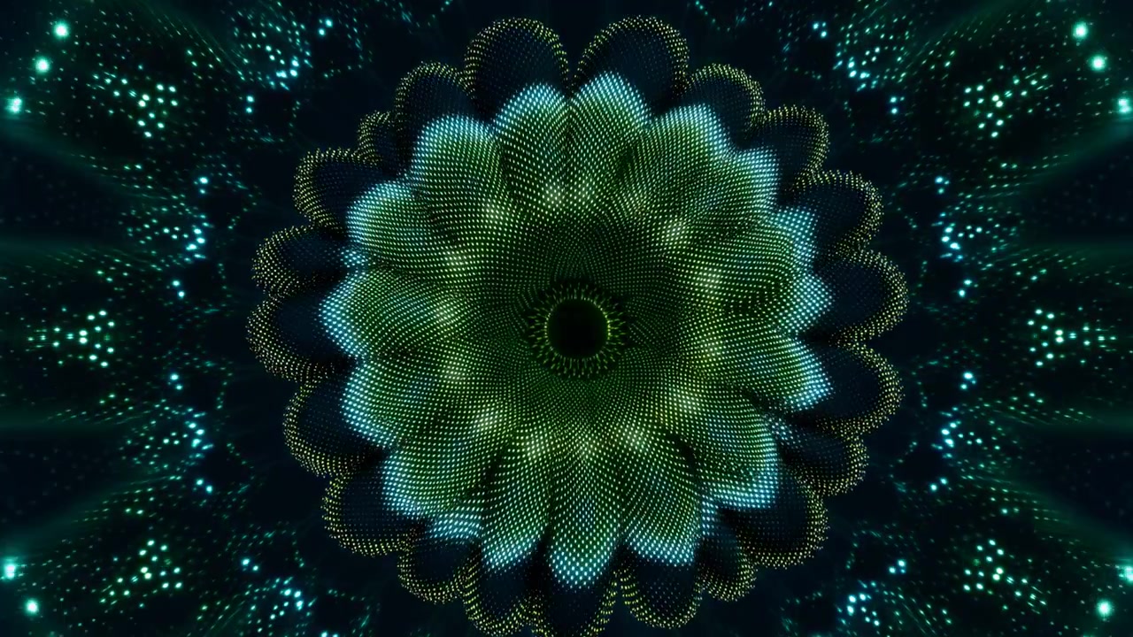 Glowing dotted mesh forms a symmetrical circular bloom as layered green petals shift shape and scale, surrounded by sparkling teal particle waves across a dark field.