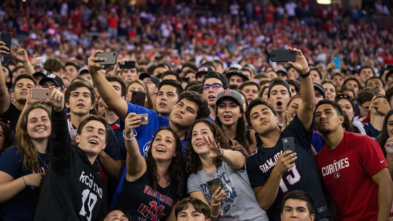 A Sea of Enthusiastic Faces: A Diverse Crowd of Fans Captures the Moment with Smartphones, Celebrating Together in a Joyful and Vibrant Atmosphere