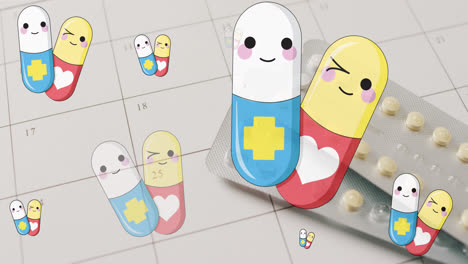 animation of smiley pills and medication over calendar