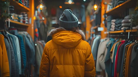 person in a yellow winter jacket looking at clothes in a store