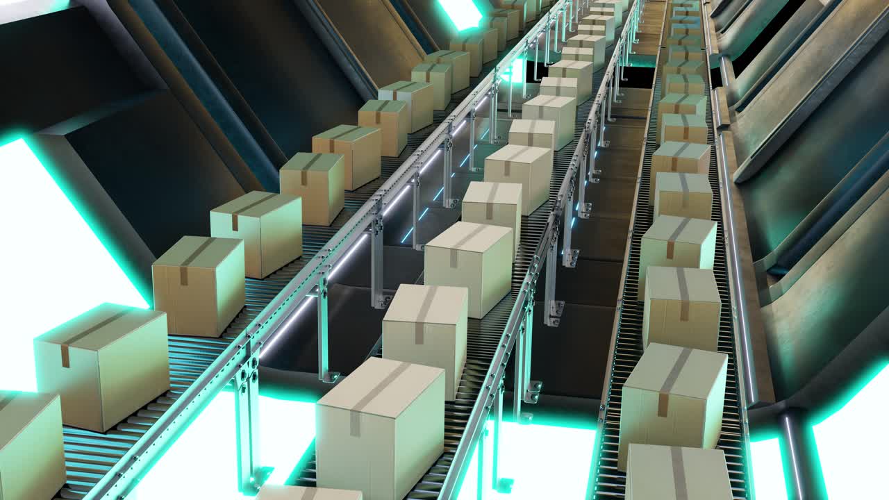 3D animation loop of carton boxes on conveyor system in modern factory