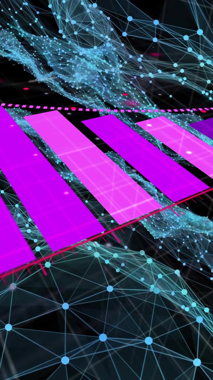 Animation of pink geometric shapes connecting over blue digital network lines