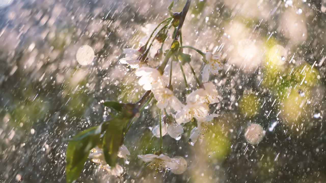 Cherry blossom period. Drops of spring rain fall on a cherry blossom. Shot on super slow motion camera 1000 fps.