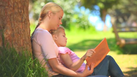 una mujer joven leyendo un libro con su hija.