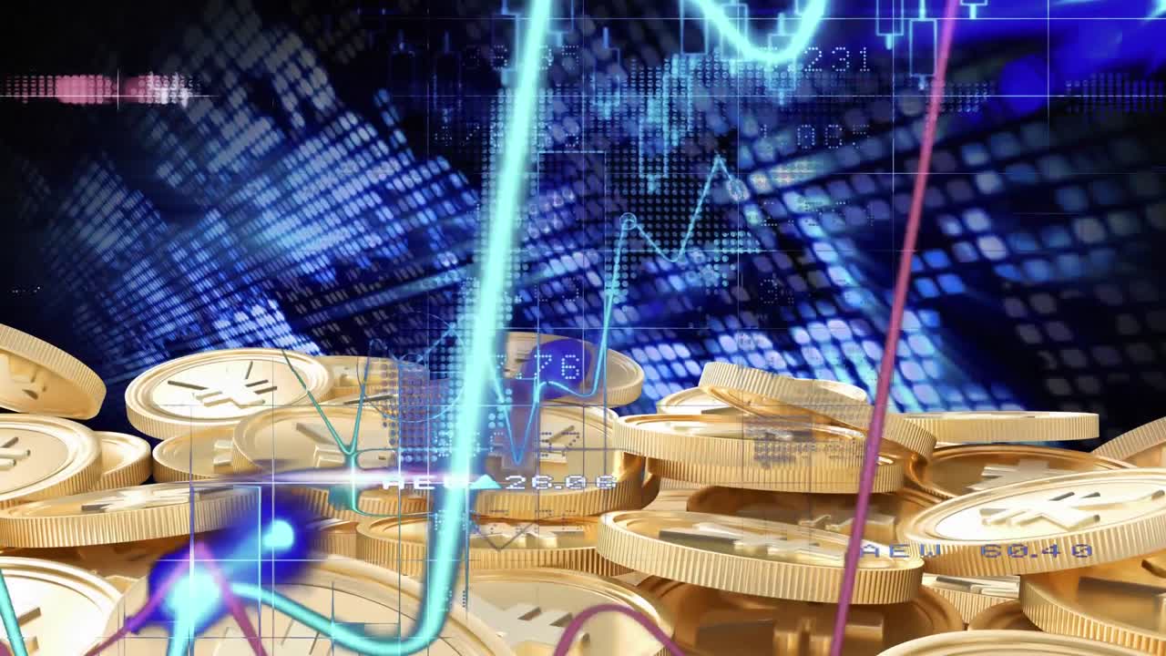 그래프와 통계 위에 퍼센트 기호를 가진 빨간 큐브의 애니메이션