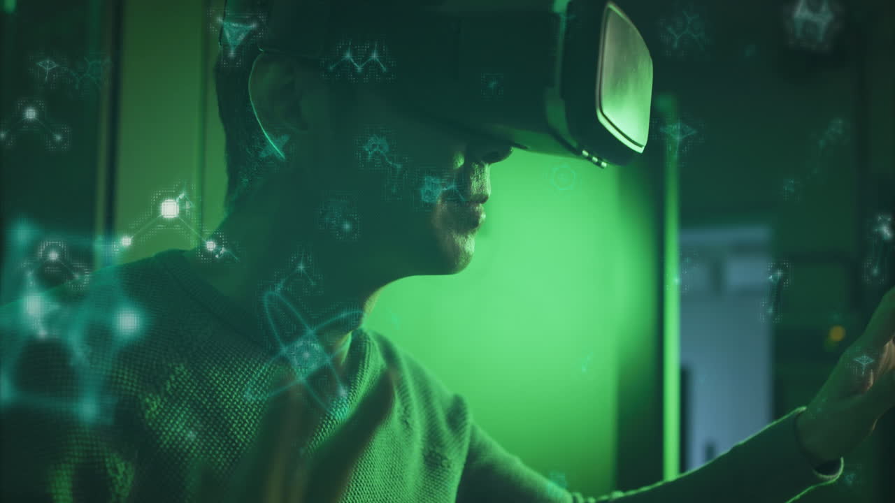 Animation of molecular structures against asian male engineer wearing a vr headset at server room