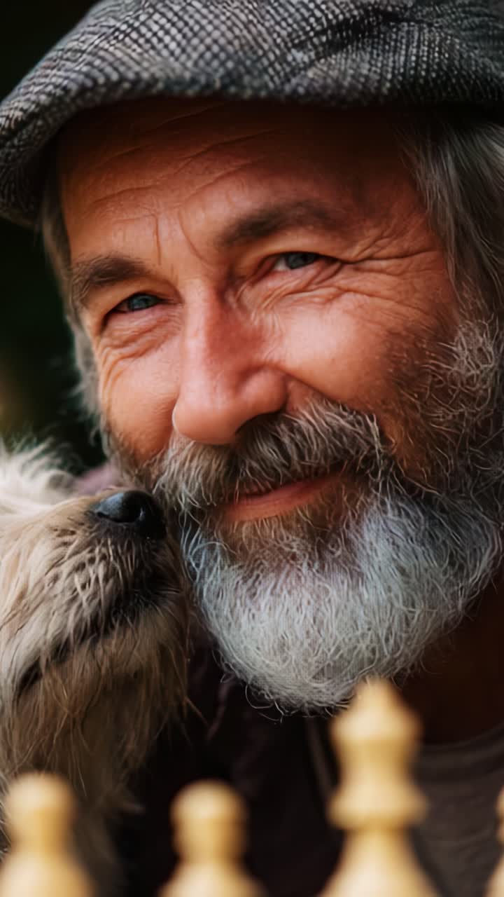 Un legame commovente tra un uomo anziano e il suo amato cane, che si godono il tempo giocando a scacchi in un sereno ambiente all'aperto