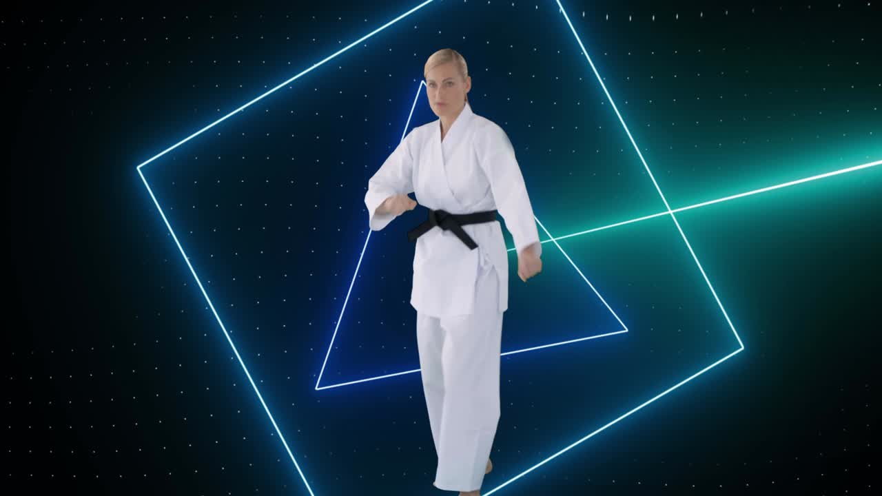 여성 무술가에 대한 데이터를 처리하는 보라색 네온 스캐너의 애니메이션