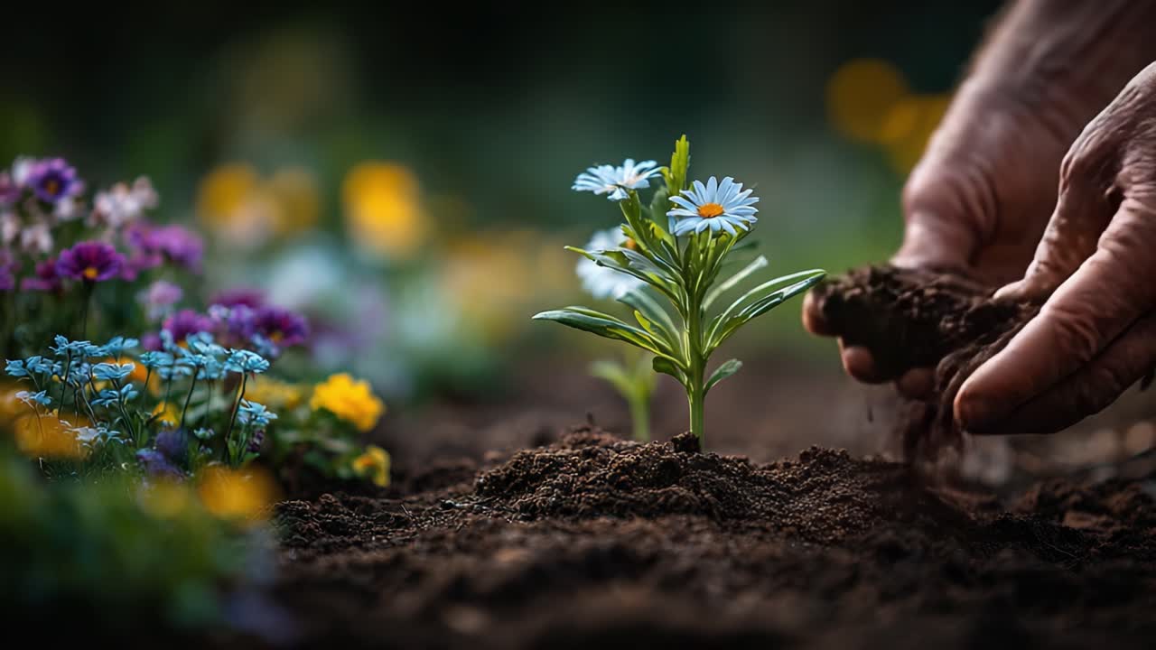 Plantando una Flor: Manos delicadas nutriendo nueva vida en un vibrante lecho de jardín repleto de coloridas flores, creando una hermosa escena natural.