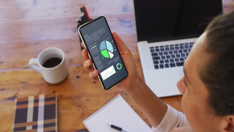 mixed race woman sitting at desk using smartphone with statistics on screen