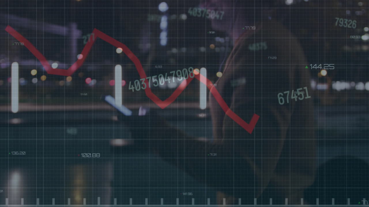Animation of graphs and changing numbers over caucasian man walking and using smartphone