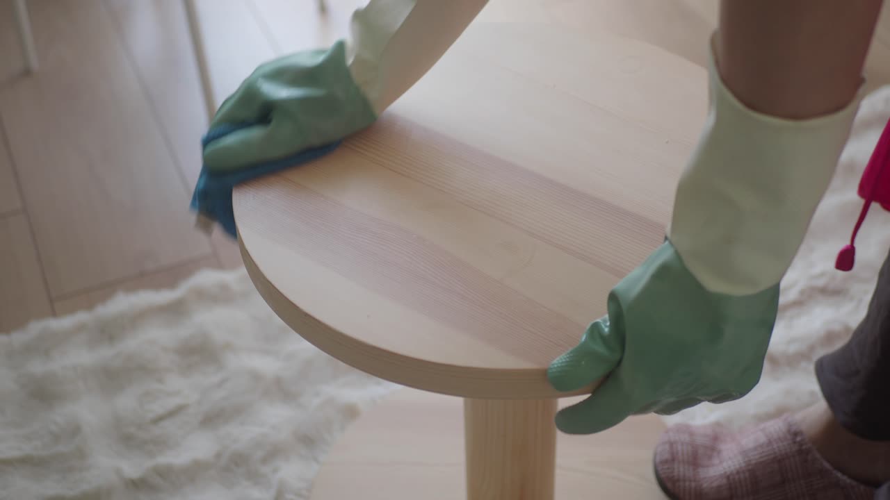 Hands in Gloves Cleaning a Wooden Side Table with Spray and Cloth