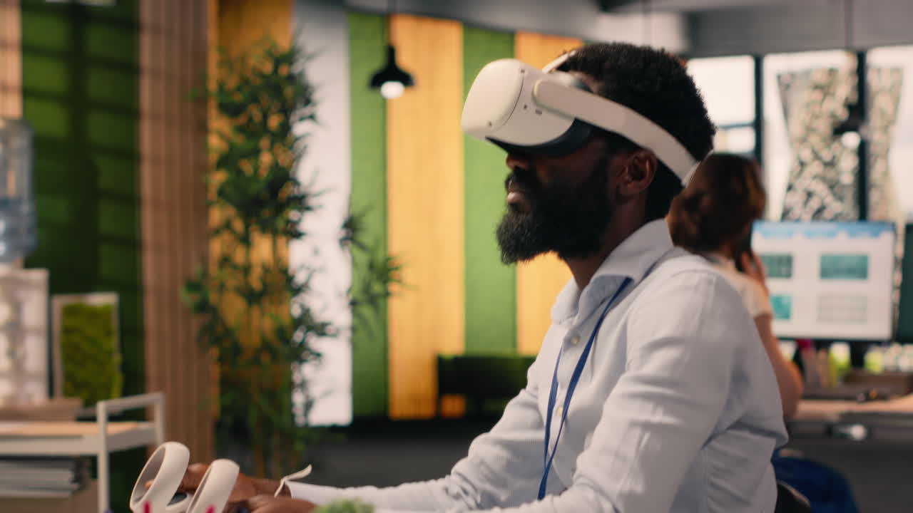 Black professional using VR glasses in corporate office environment