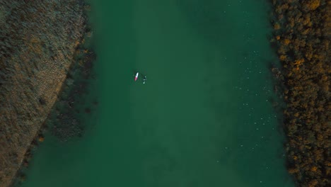 Stand-Up-Paddle-at-Sylvenstein-Speicher,-scenic-mountain-valley-river-reservoir-lake-with-blue-water-in-Bavaria-Austria-alps,-flowing-down-a-beautiful-forest-along-trees-near-Walchensee