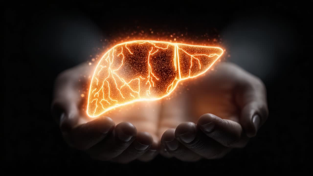 A Captivating Visualization of the Human Liver Manifested in a Pair of Hands, Emphasizing Vital Health Insights through Stunning Light Effects