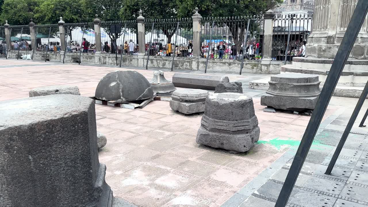 Slow motion shot of mexico city Cathedral and antique stones at basement