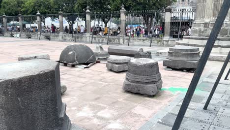 slow motion shot of mexico city cathedral and antique stones at basement